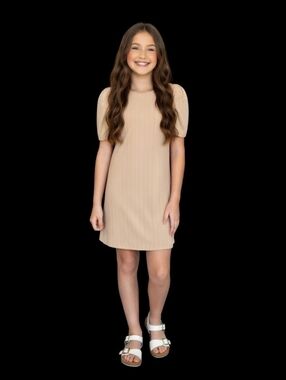 SHEIN Juniors Puff Sleeve Shift Dress in Beige